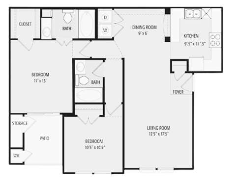 Floor plan for 2 beds, 2 baths, 985 sqft